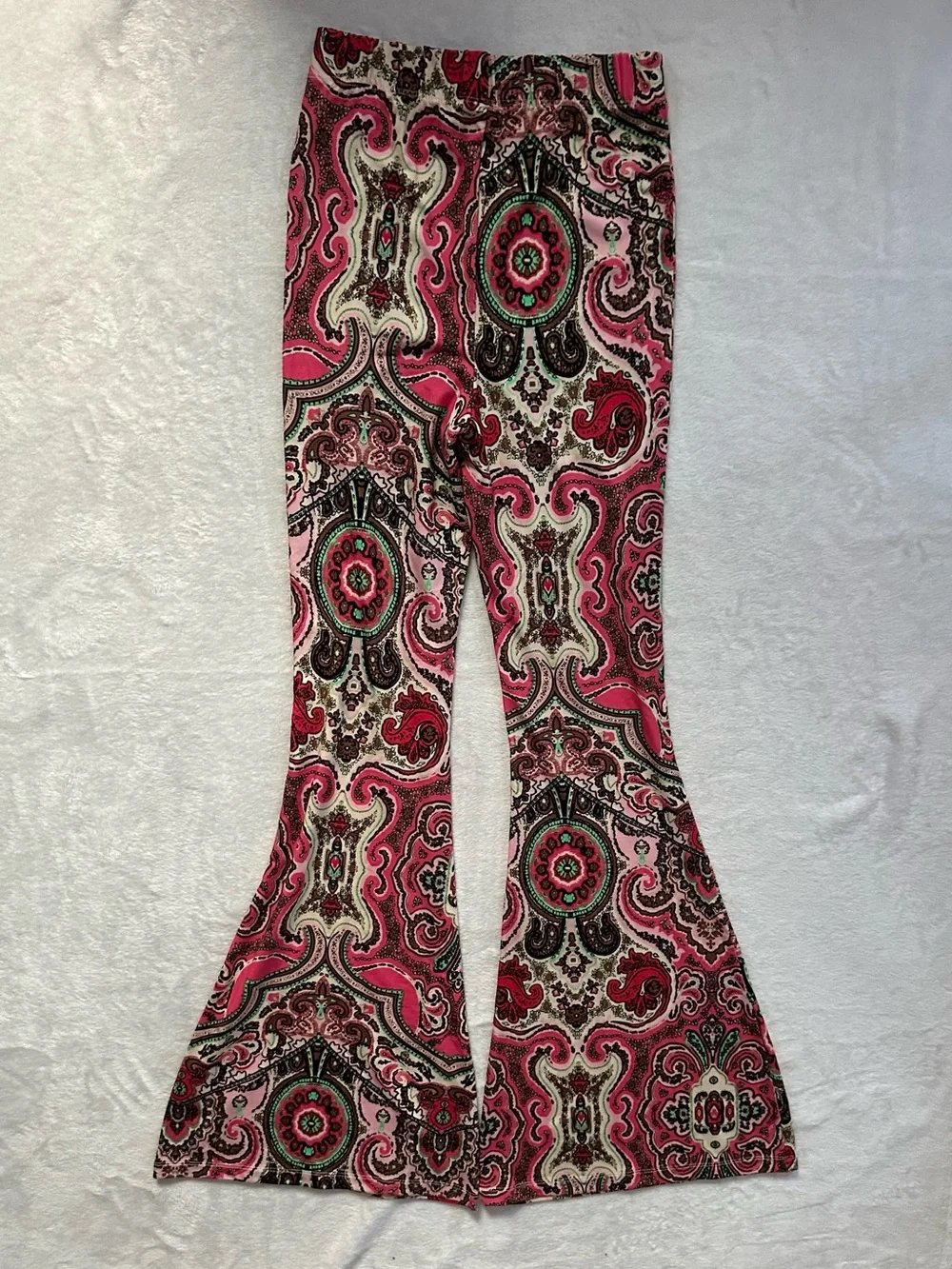 Free People Boho Harper Printed Pull On High Rise Flare Pants Hot Pink Combo XS